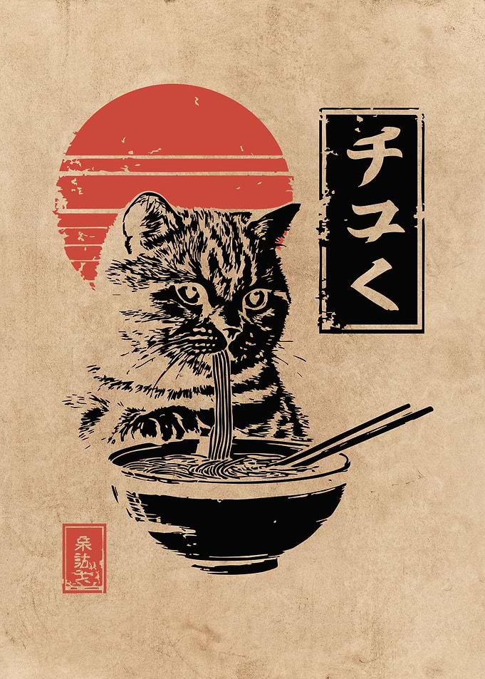 Cat Eating Ramen Japanese Art