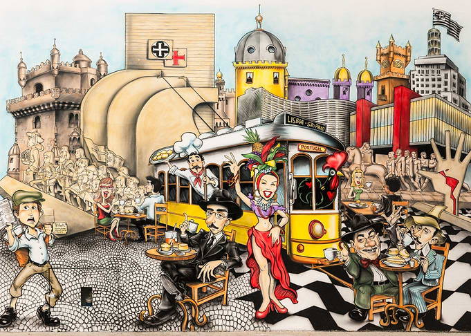 Lisbon Cartoon Cityscape with Characters