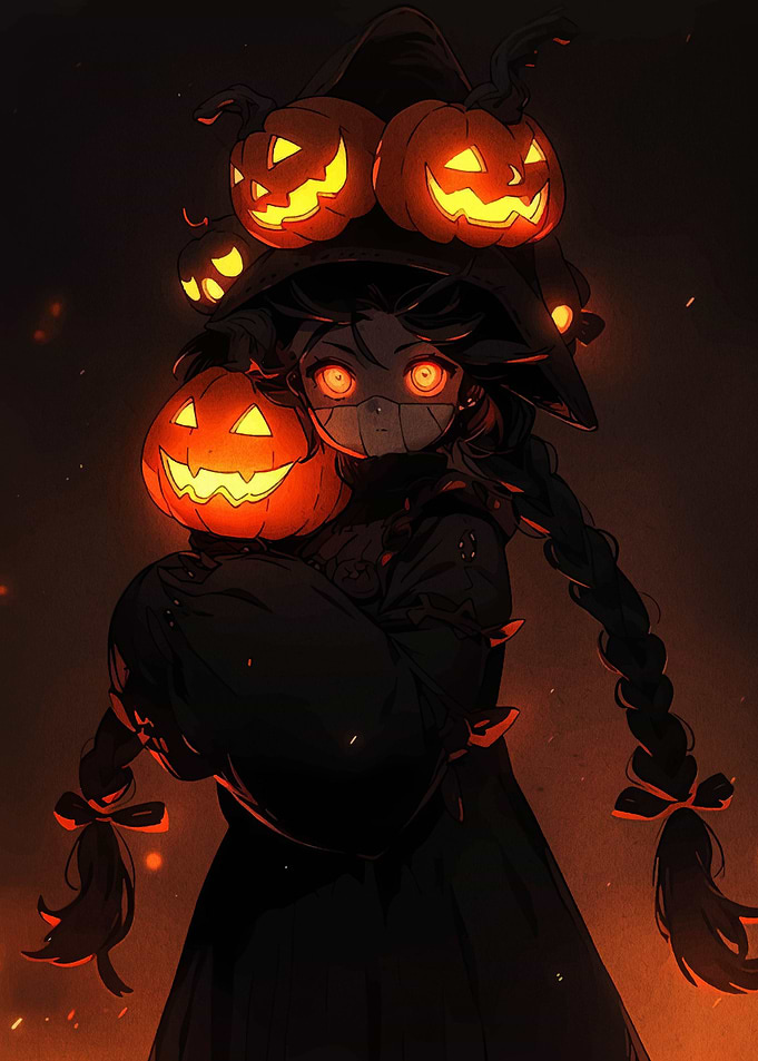 Halloween Witch with Glowing Pumpkins