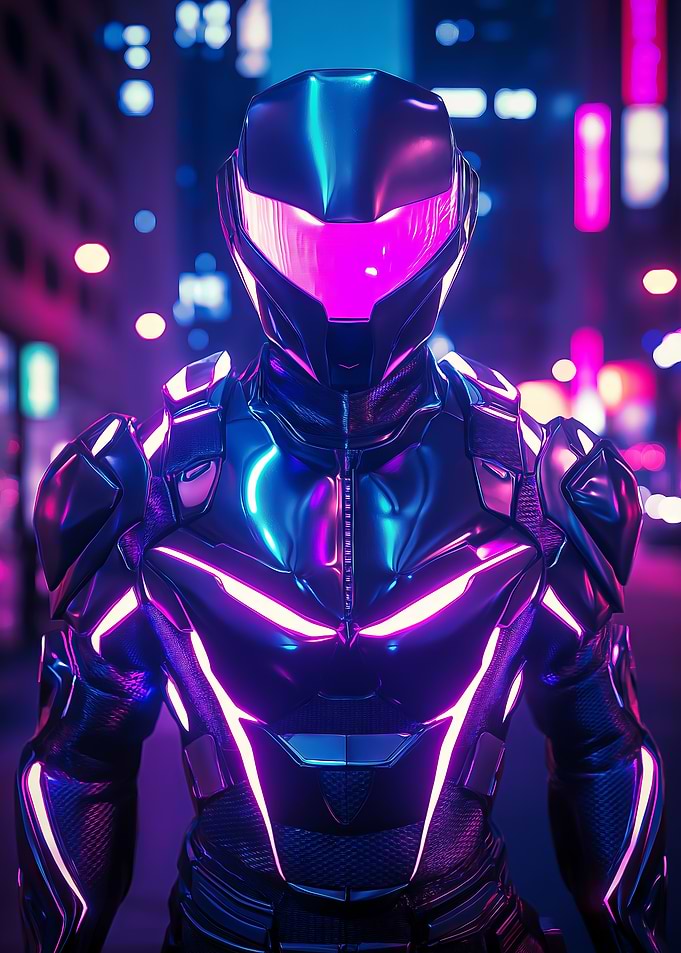 A cyberpunk bounty hunter in a neon-lit city