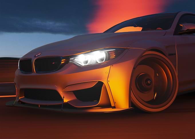 BMW M4 close-up at dusk