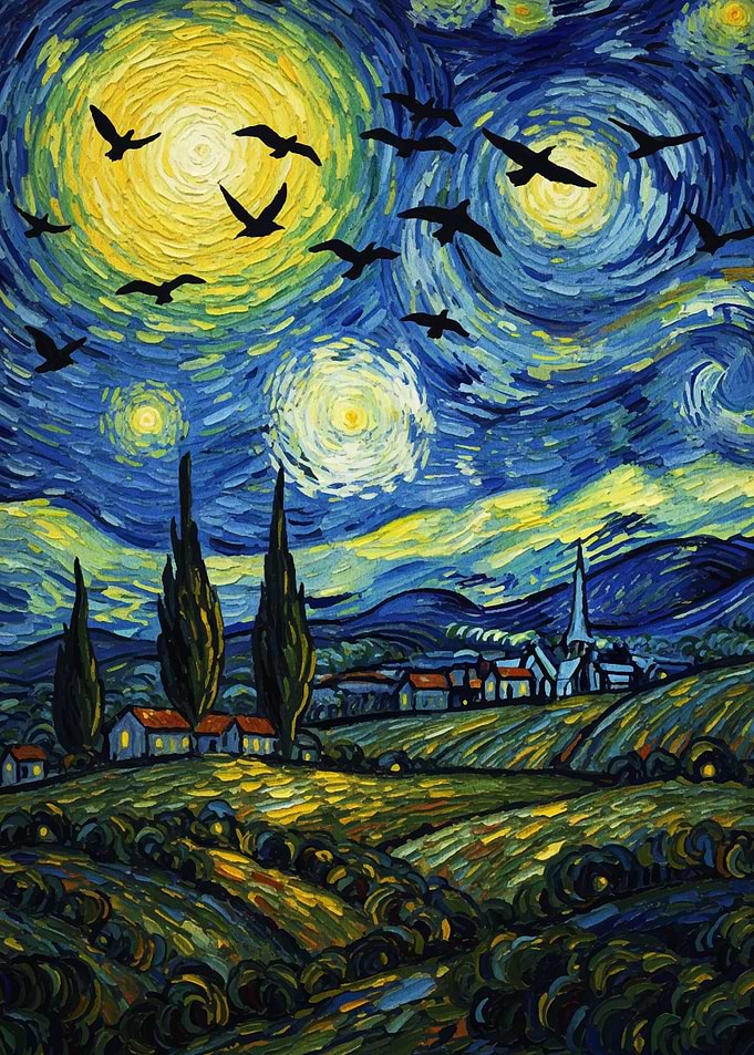 Starry Night with Birds