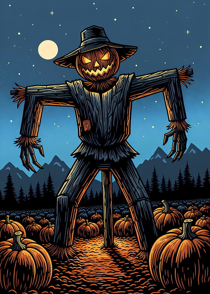 Vintage Halloween Scarecrow in Pumpkin Patch
