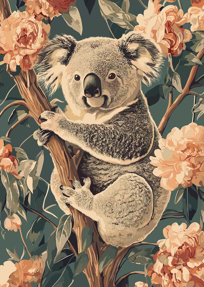 Koala in Floral Tree Illustration
