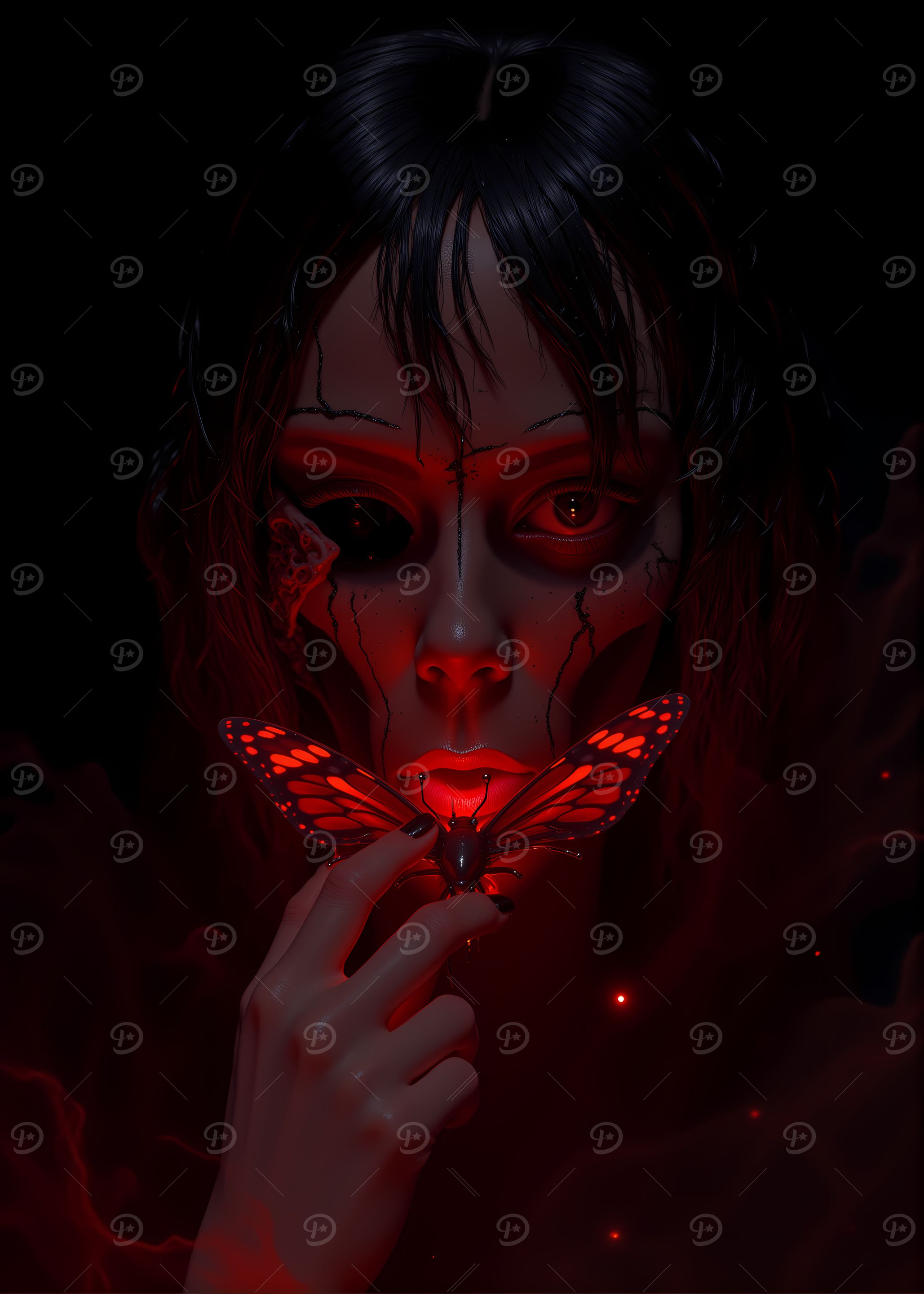 Eerie Portrait with Butterfly and Red Glow