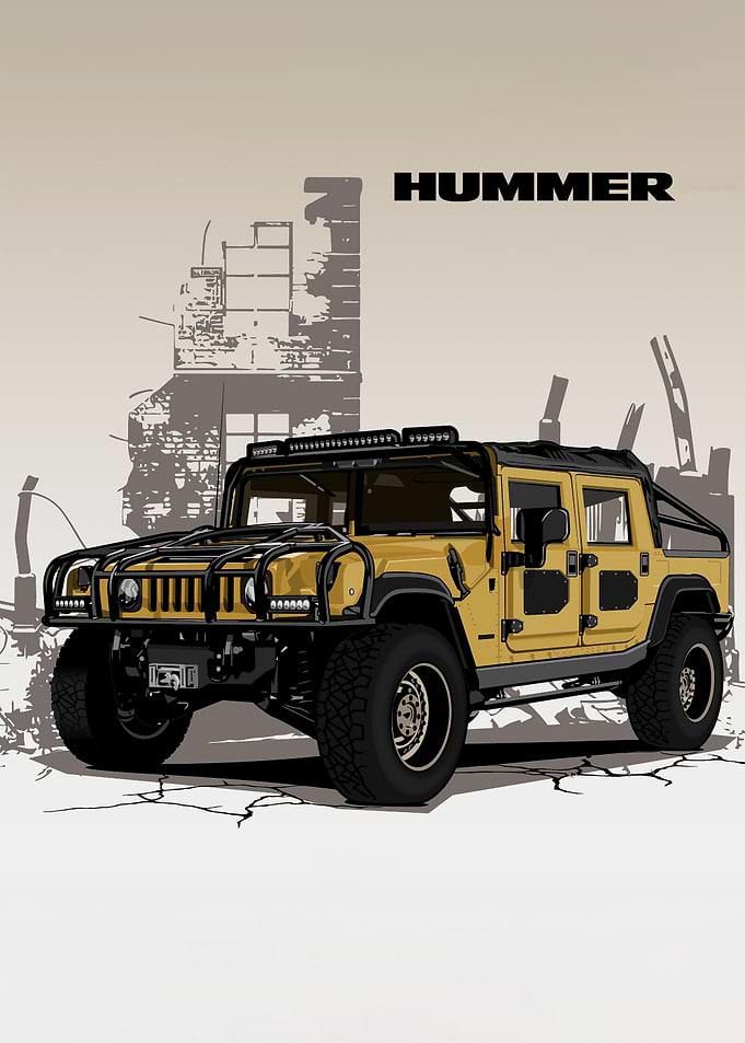 Yellow Hummer Illustration with Ruins