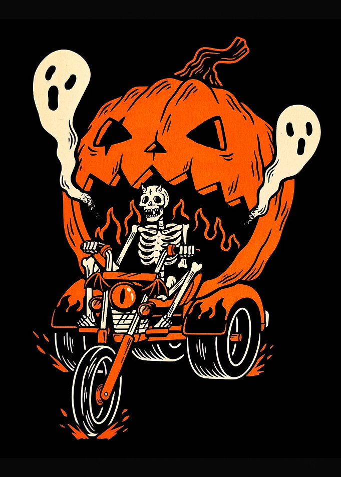 Halloween Skeleton on Motorcycle with Pumpkin