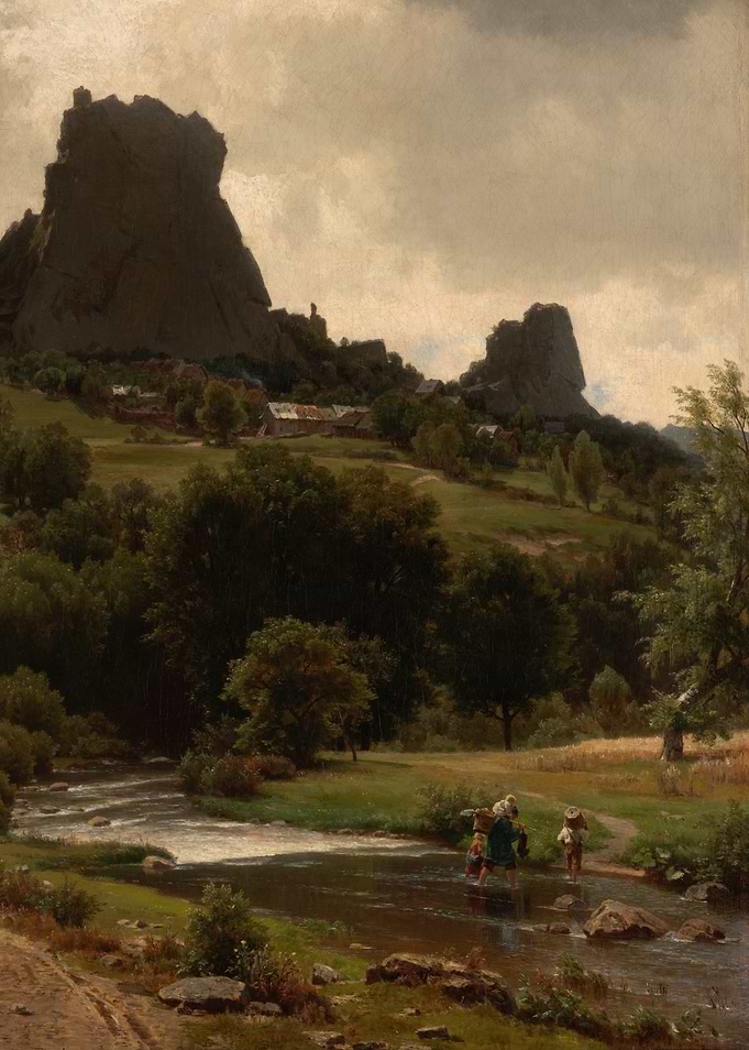 Landscape Painting with Figures Crossing Stream