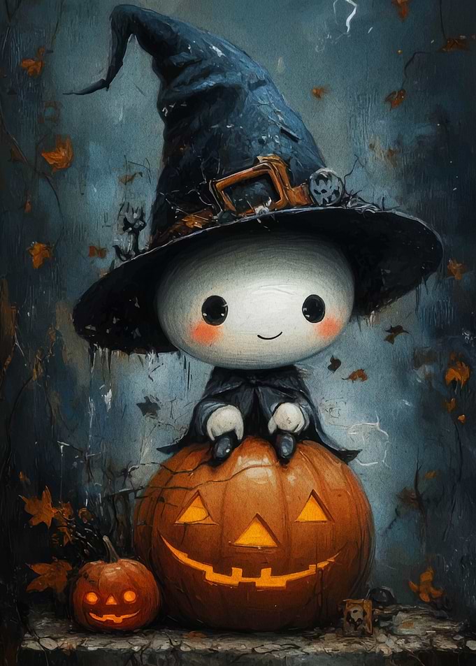 Cute Witch on Pumpkin Halloween Art
