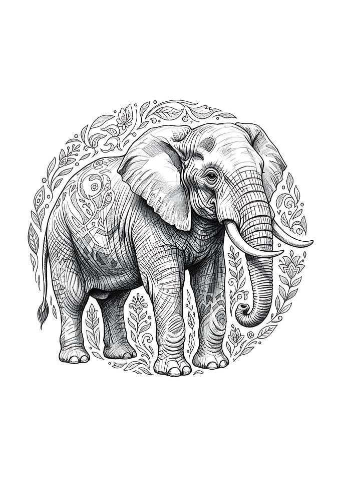 Elephant with Floral Ornament Illustration