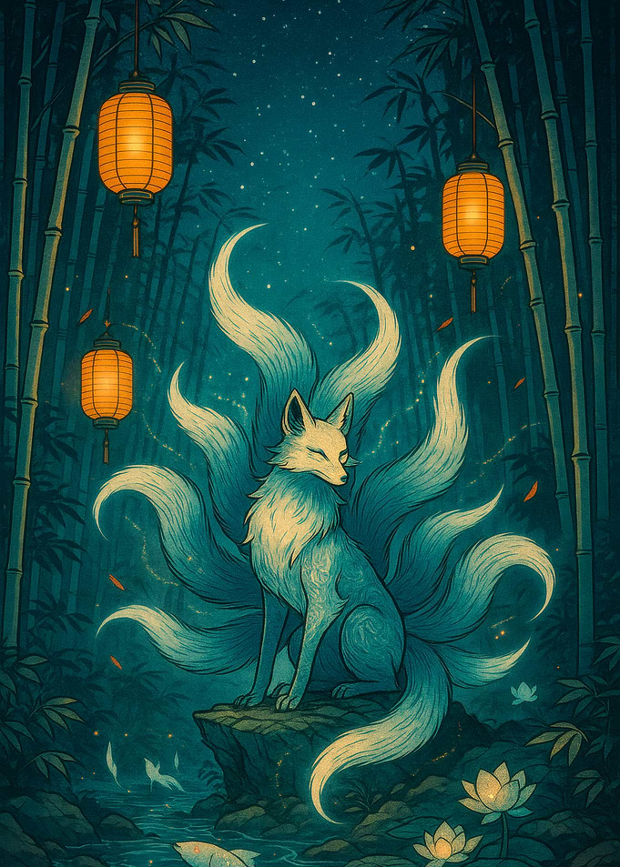 Nine-tailed fox in bamboo forest