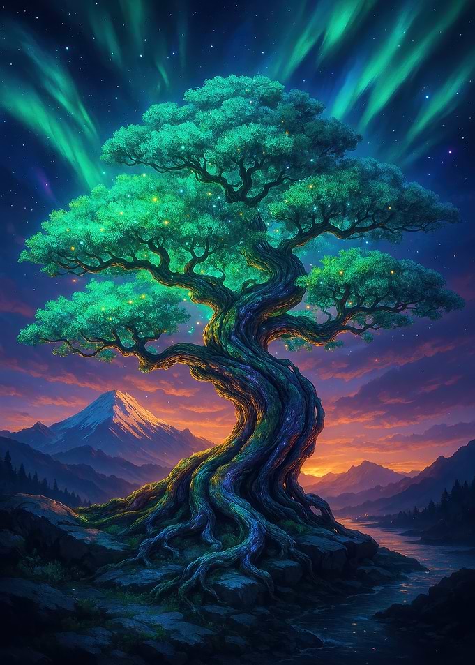 Mystical Tree with Aurora Borealis