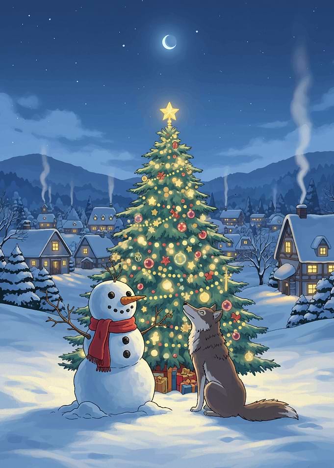 Christmas Night with Snowman and Wolf