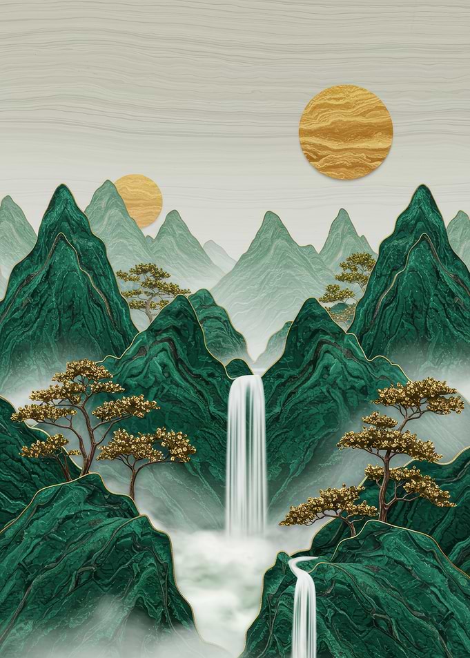 Emerald Mountains and Golden Sun Landscape