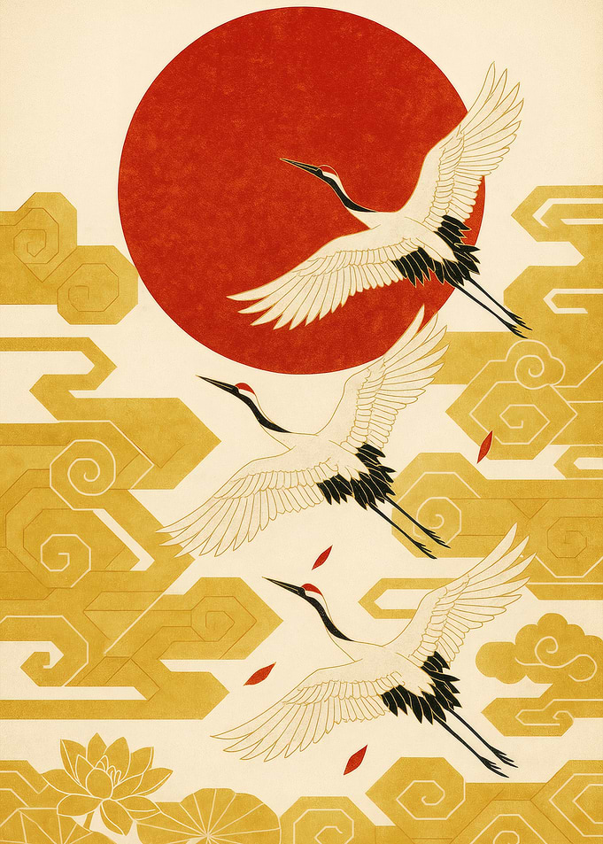 Japanese Cranes Flying Under Red Sun