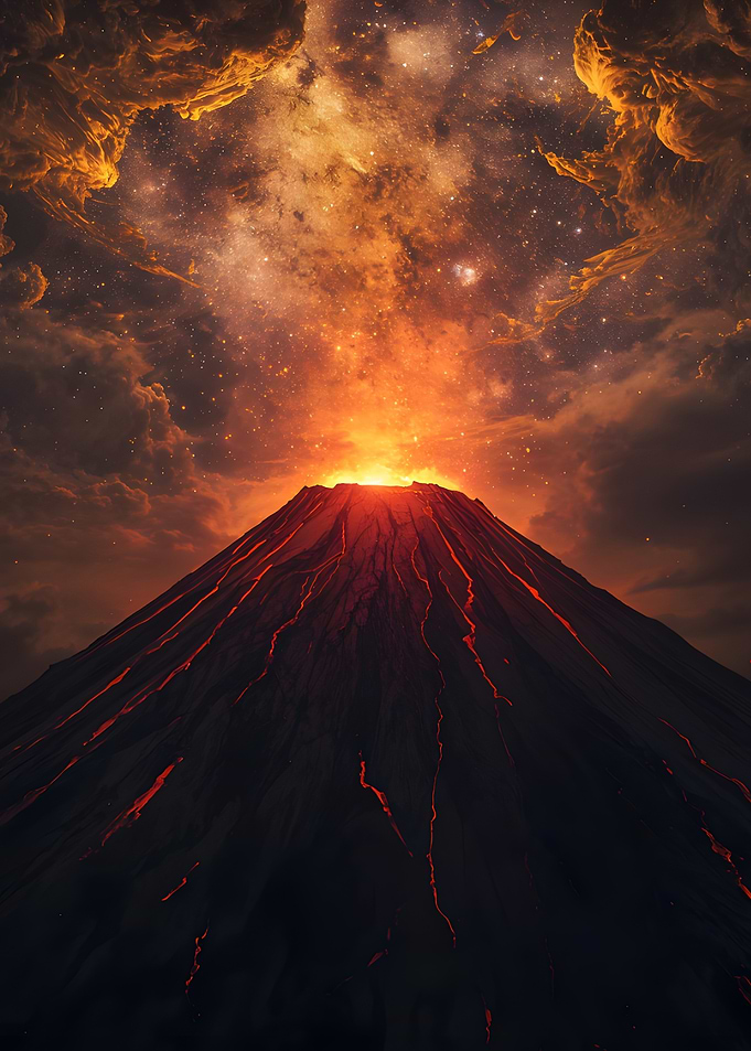 Erupting Volcano Under a Starry Sky