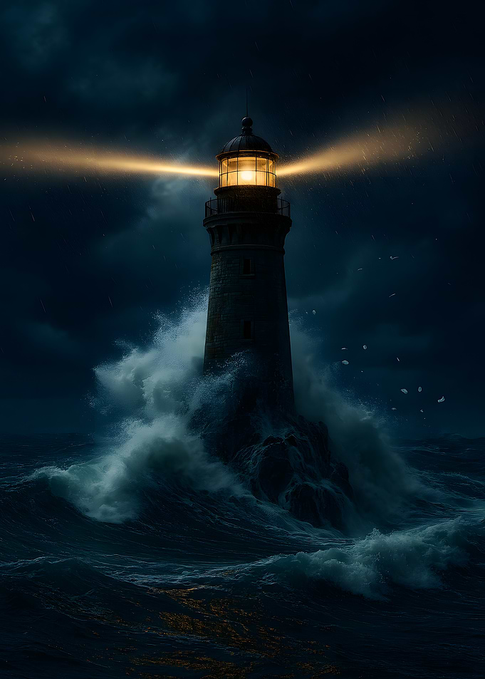 Lighthouse in Stormy Seas at Night