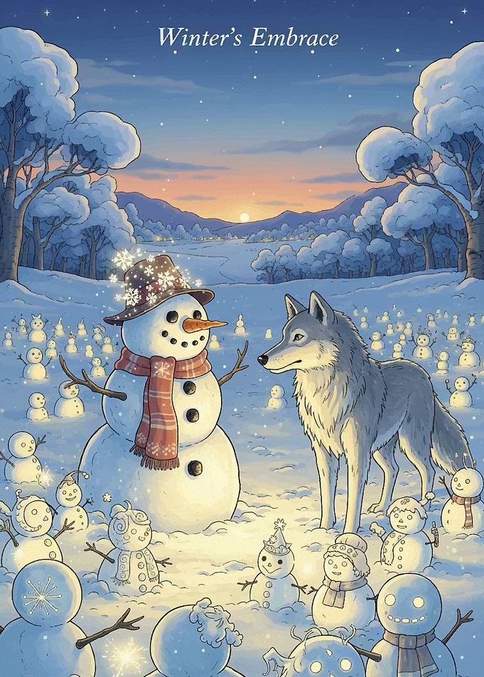 Winter's Embrace: Snowman and Wolf
