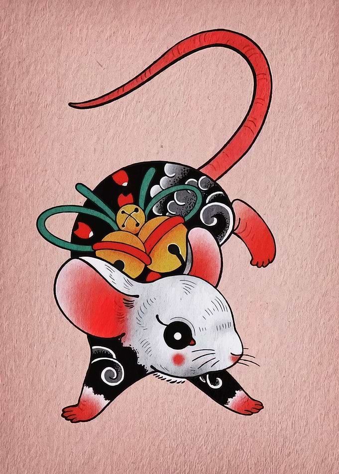 Rat with Bells Tattoo Style Illustration