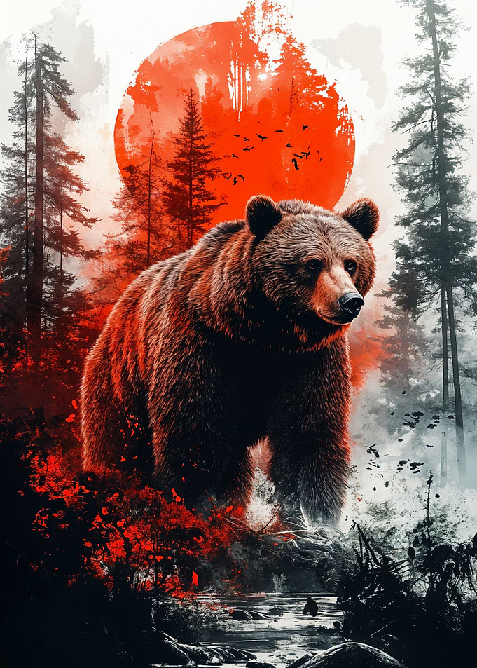 Grizzly Bear in Forest with Red Sun