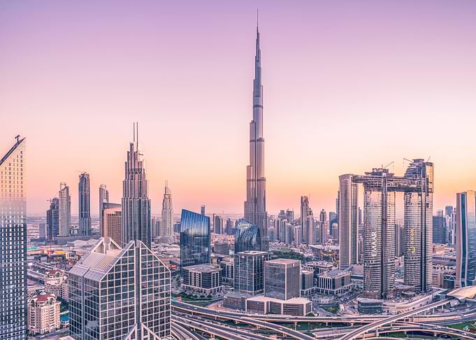 dubai skyline at sunset