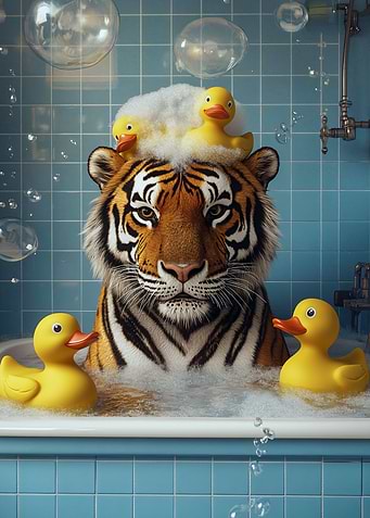 Tiger in bathtub with rubber ducks