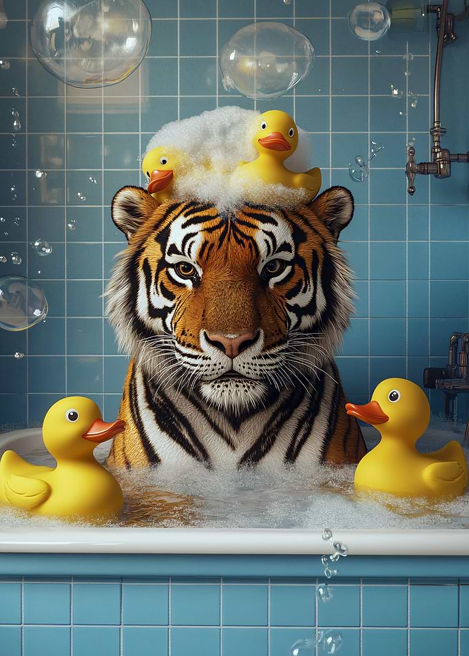 Tiger in bathtub with rubber ducks