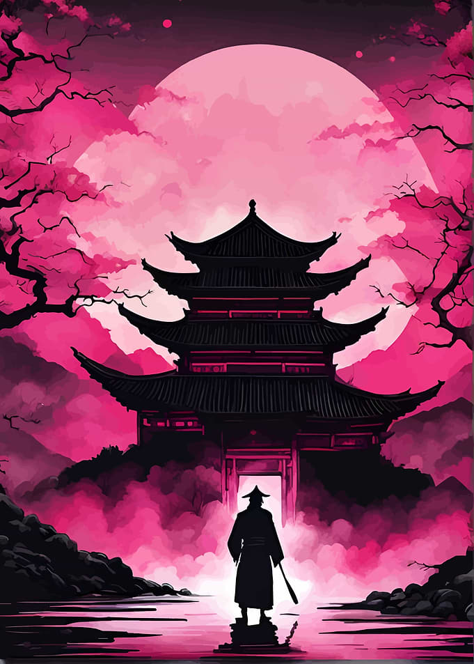 Samurai Silhouette with Temple and Moon