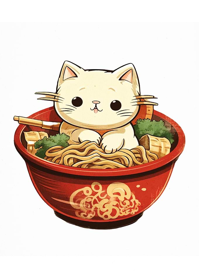 Cute Cat in Ramen Bowl Illustration