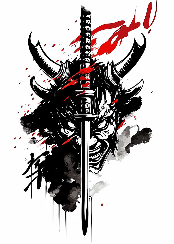 Oni Mask and Katana Illustration