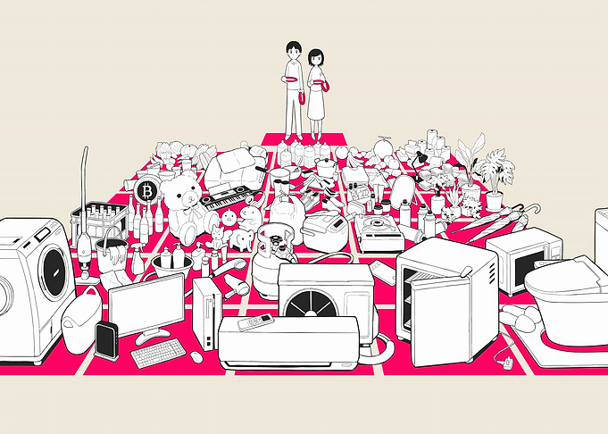 Minimalist Couple Surrounded by Possessions