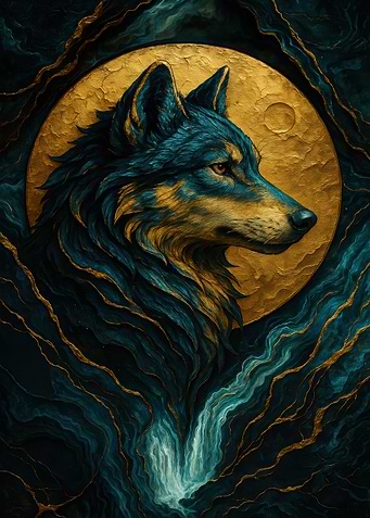 Wolf Portrait with Golden Moon