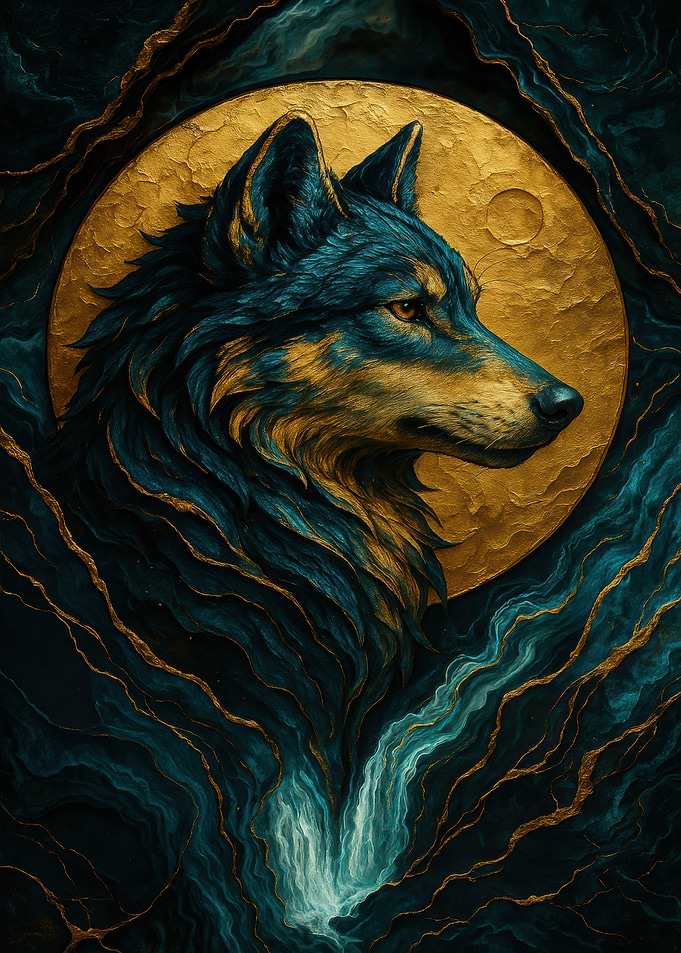 Wolf Portrait with Golden Moon