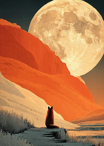 Fox gazing at the moon landscape