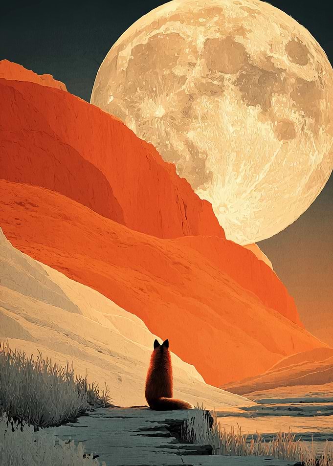 Fox gazing at the moon landscape
