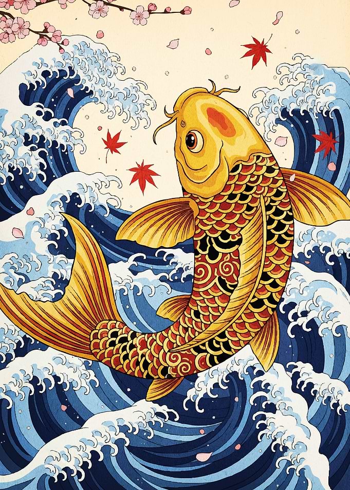 Golden Koi Fish Ocean Waves