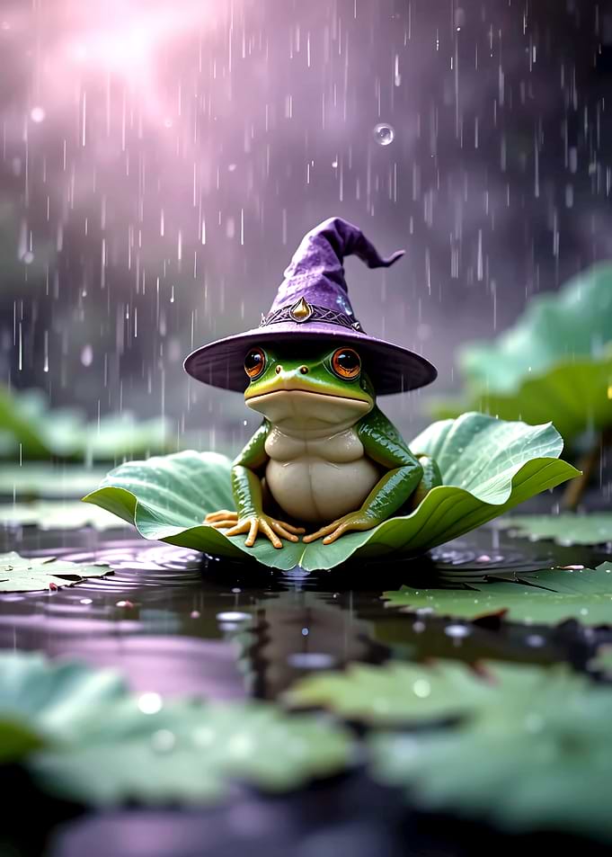 Frog Wizard on Lily Pad in Rain