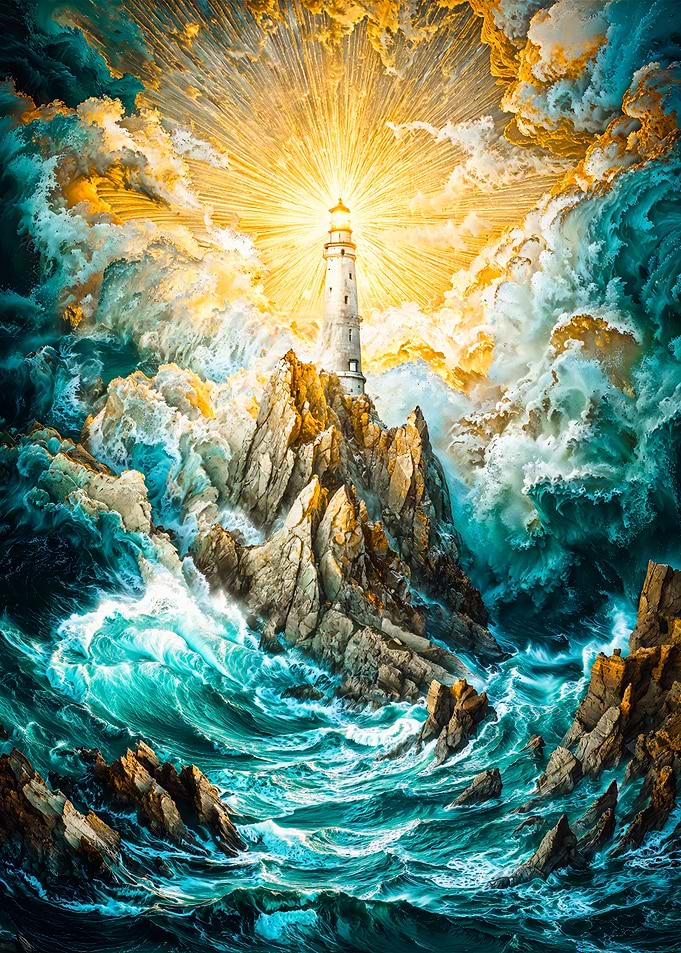 Lighthouse on Rocky Coast with Radiant Light