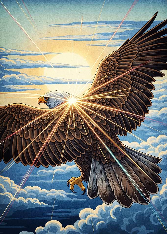 Eagle soaring through clouds