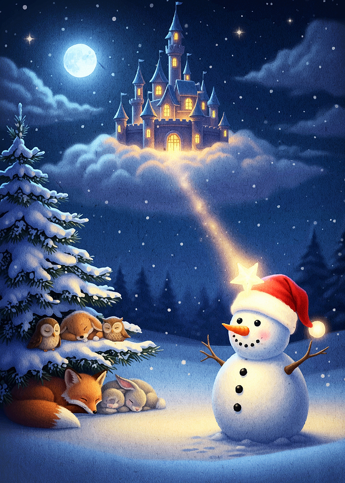 Winter Night Scene Castle Snowman