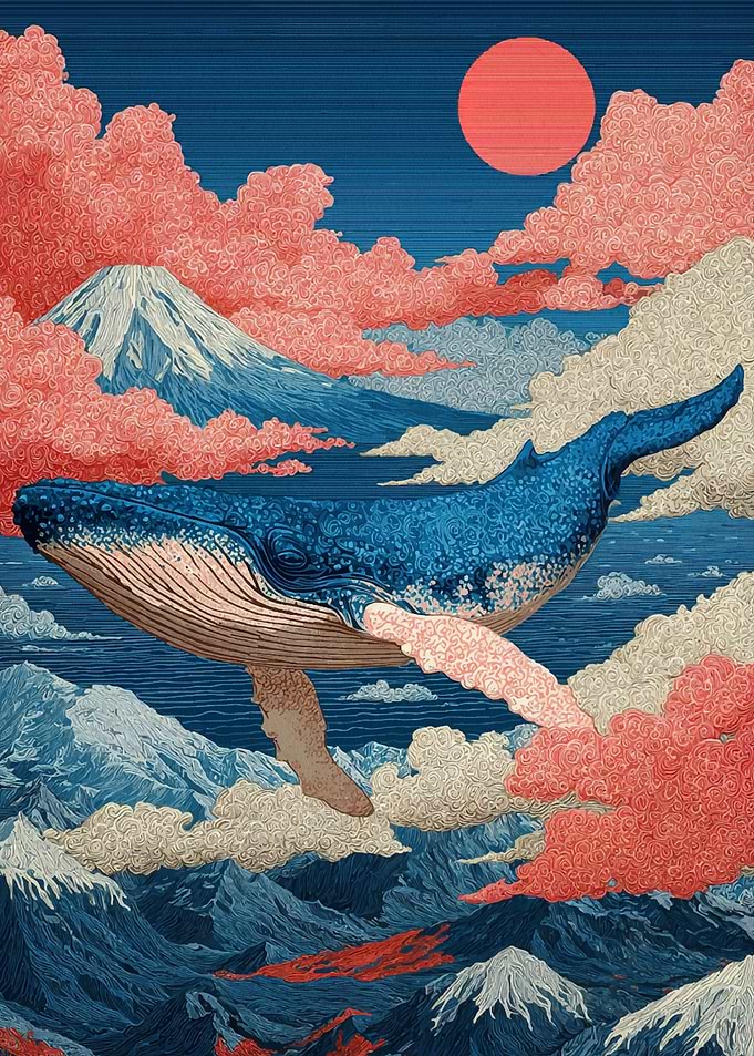 Whale in Ukiyo-e Style Landscape