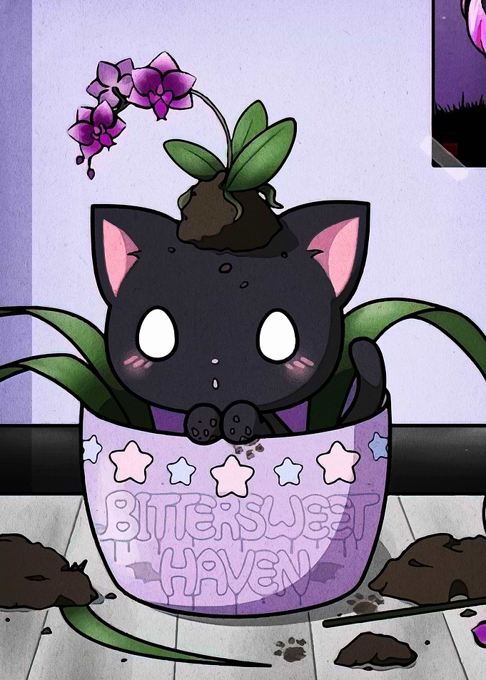 Cute Black Cat in Flower Pot