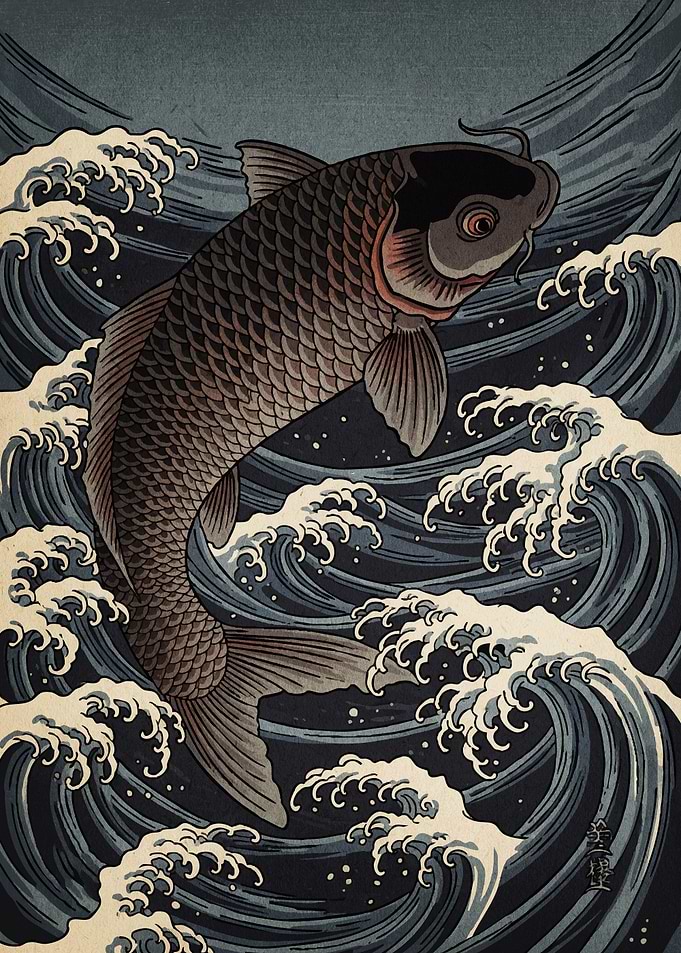 Koi Fish Waves Ukiyo-e Style