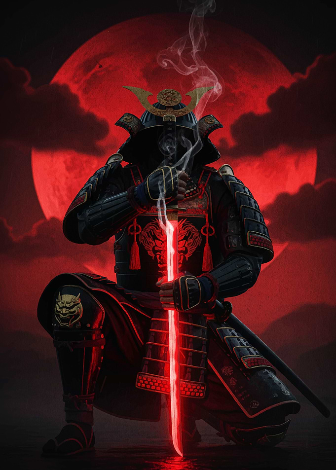 Samurai with Red Sword and Moon