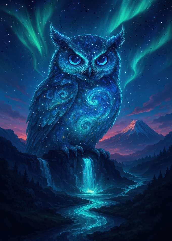 Celestial Owl Overlooking Waterfall Landscape