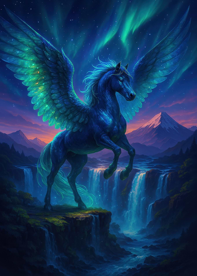 Majestic Pegasus over Waterfall Landscape