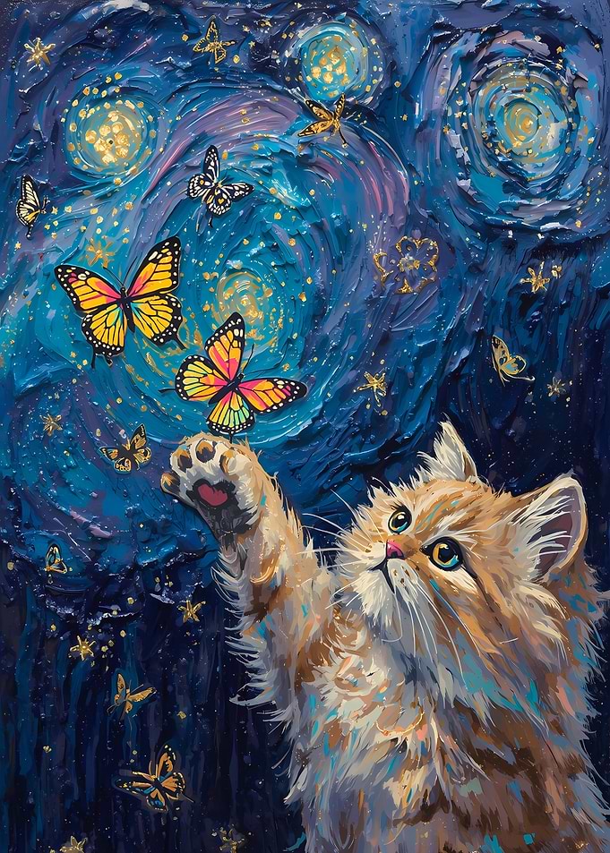 Cat Reaching for Butterflies in Starry Night