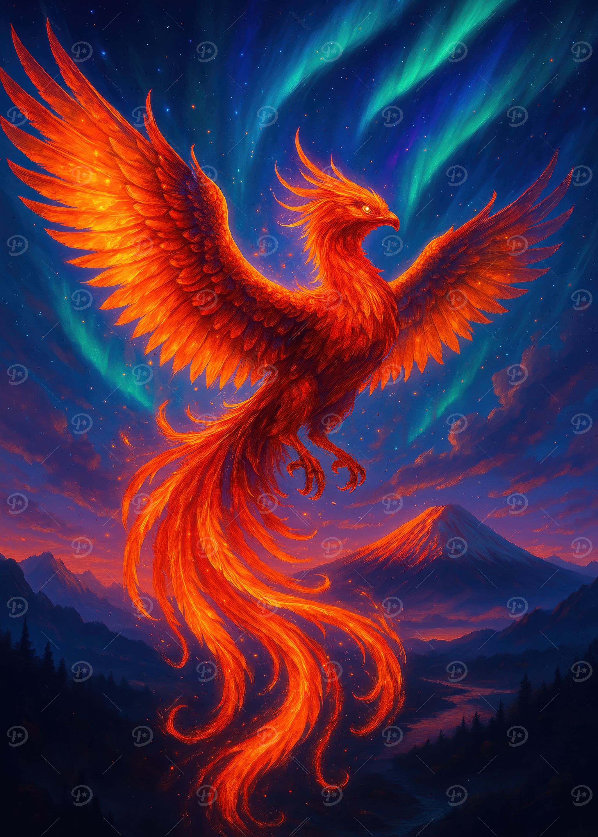 Fiery Phoenix Rising Against Aurora Sky