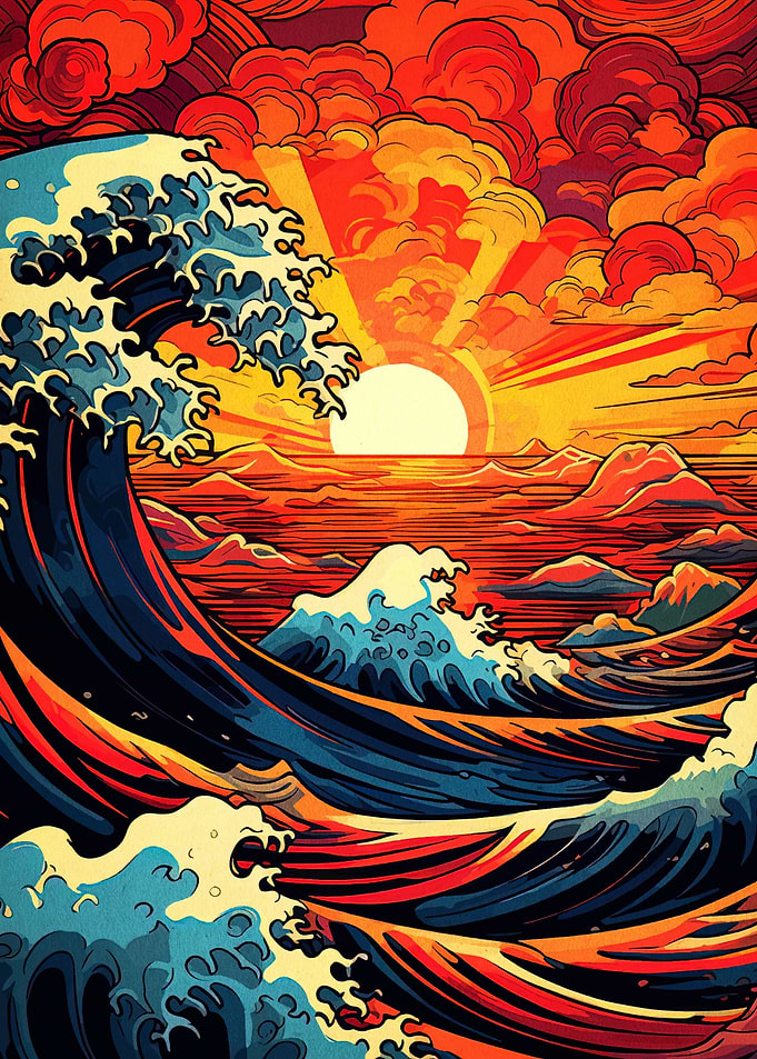 Stylized Ocean Waves at Sunset