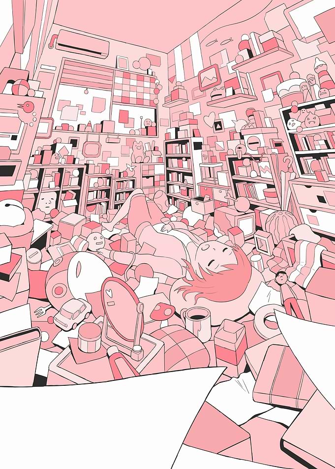 Cluttered Room with Girl Illustration